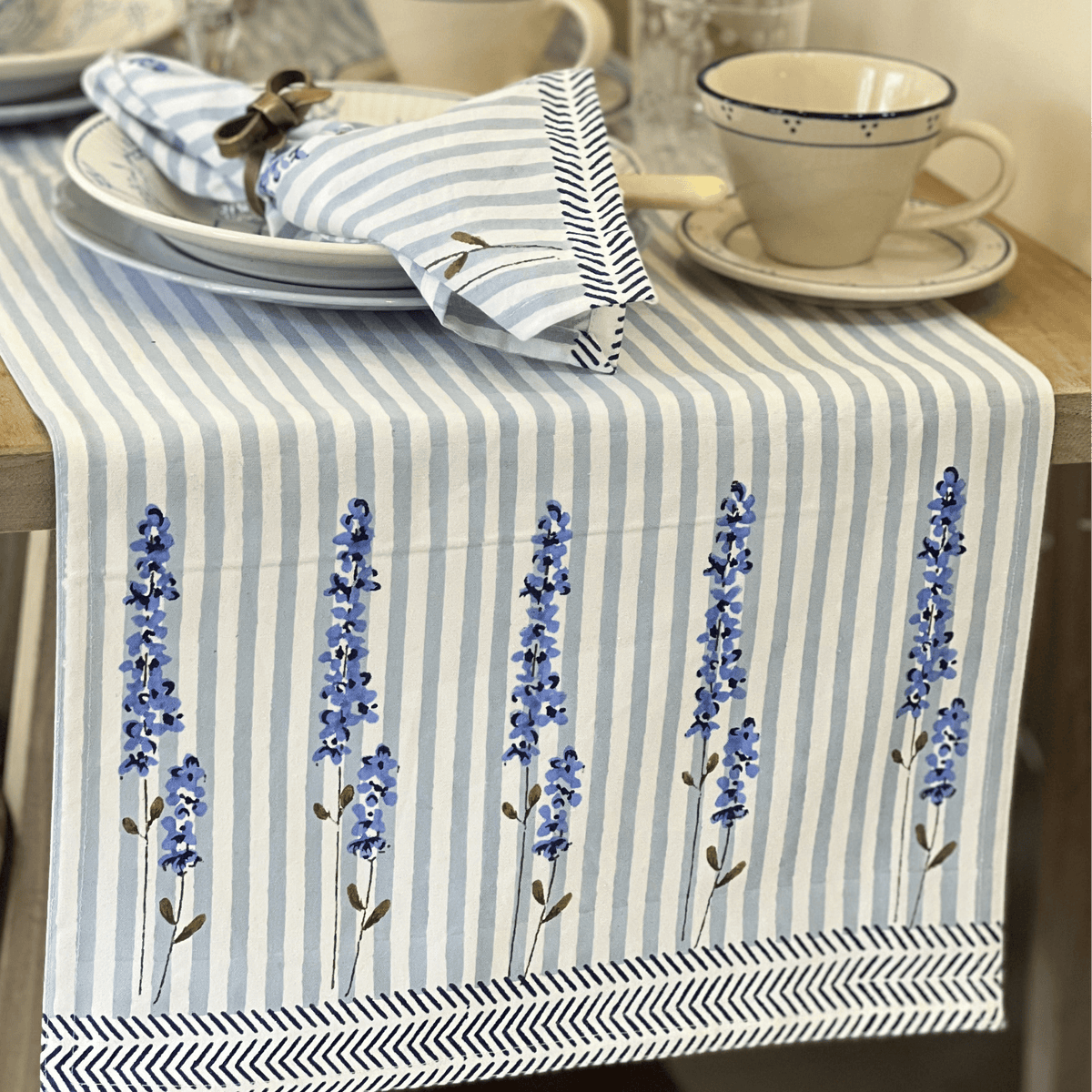 Table Runners Hand Printed Table Runner - English Lavender on Powder Blue Stripe 27979