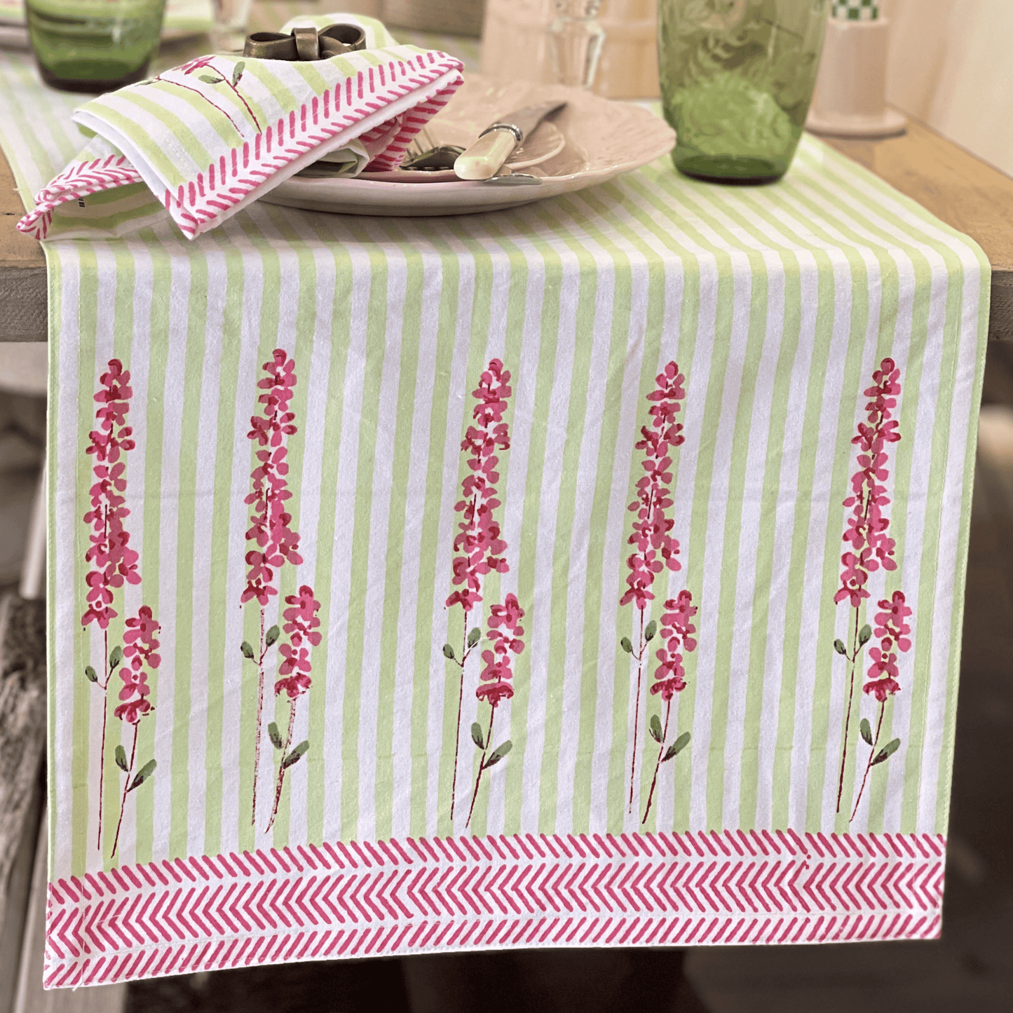 Table Runners Hand Printed Table Runner - Pink Lavender on Laurel Green Stripe 27980