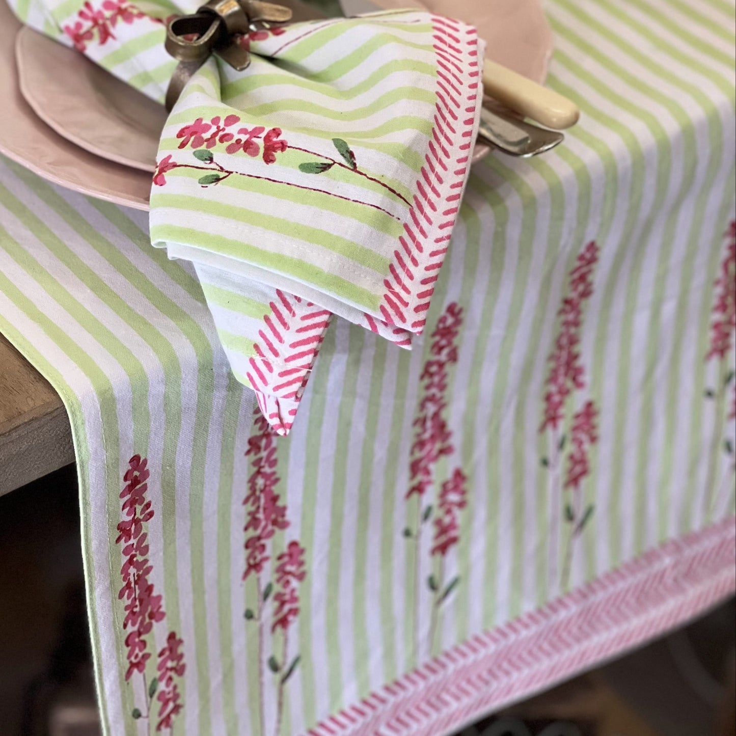 Table Runners Hand Printed Table Runner - Pink Lavender on Laurel Green Stripe 27980