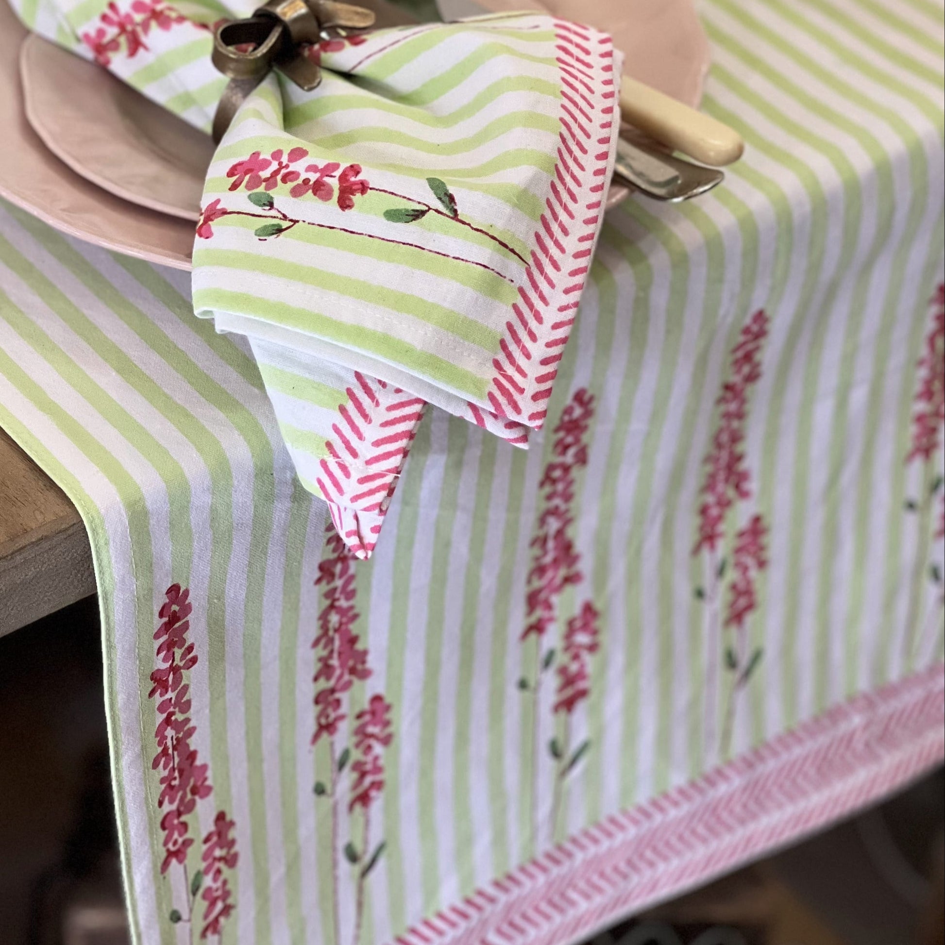 Table Runners Hand Printed Table Runner - Pink Lavender on Laurel Green Stripe 27980