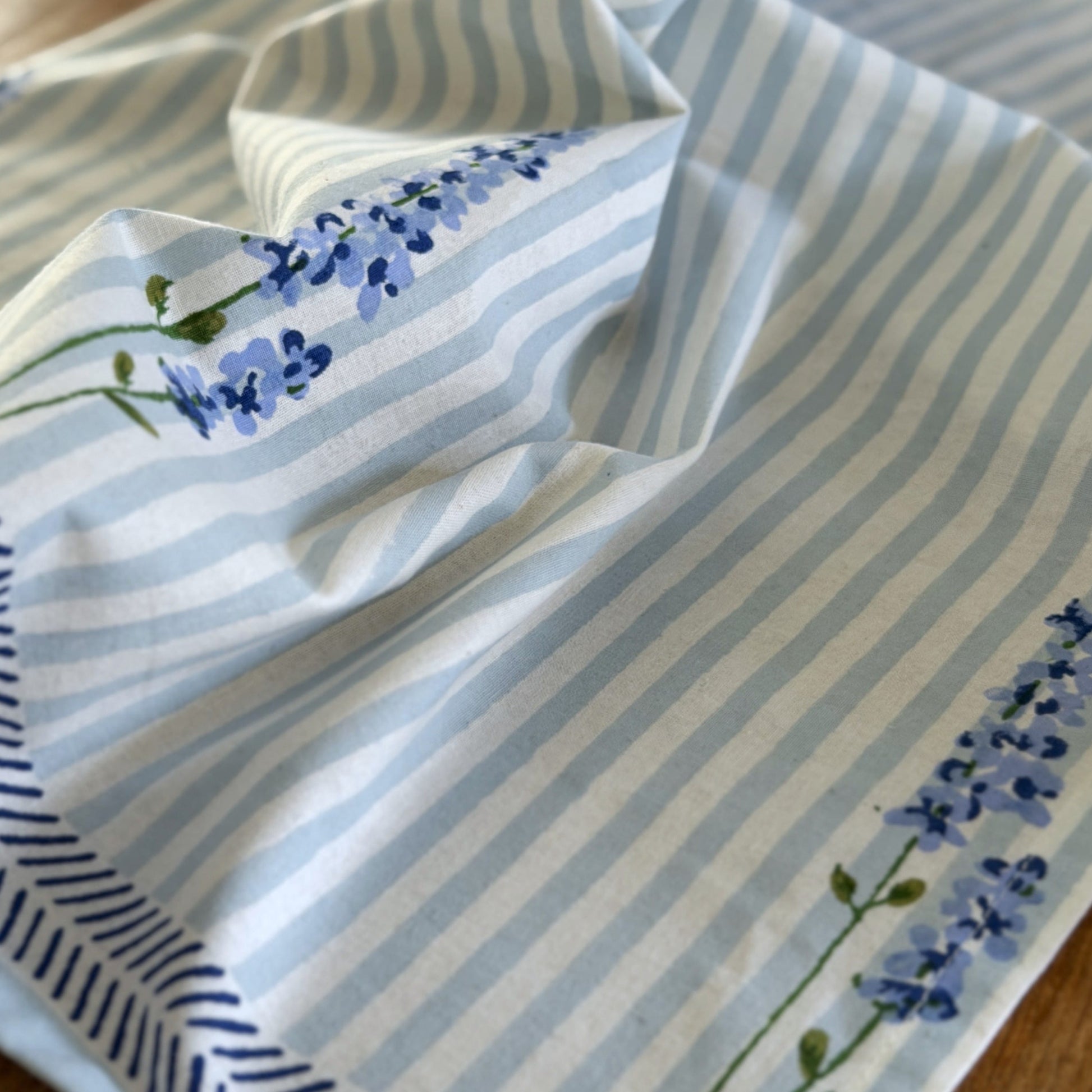 Tea Towels Hand Printed Tea Towel - English Lavender on Powder Blue Stripe 27746