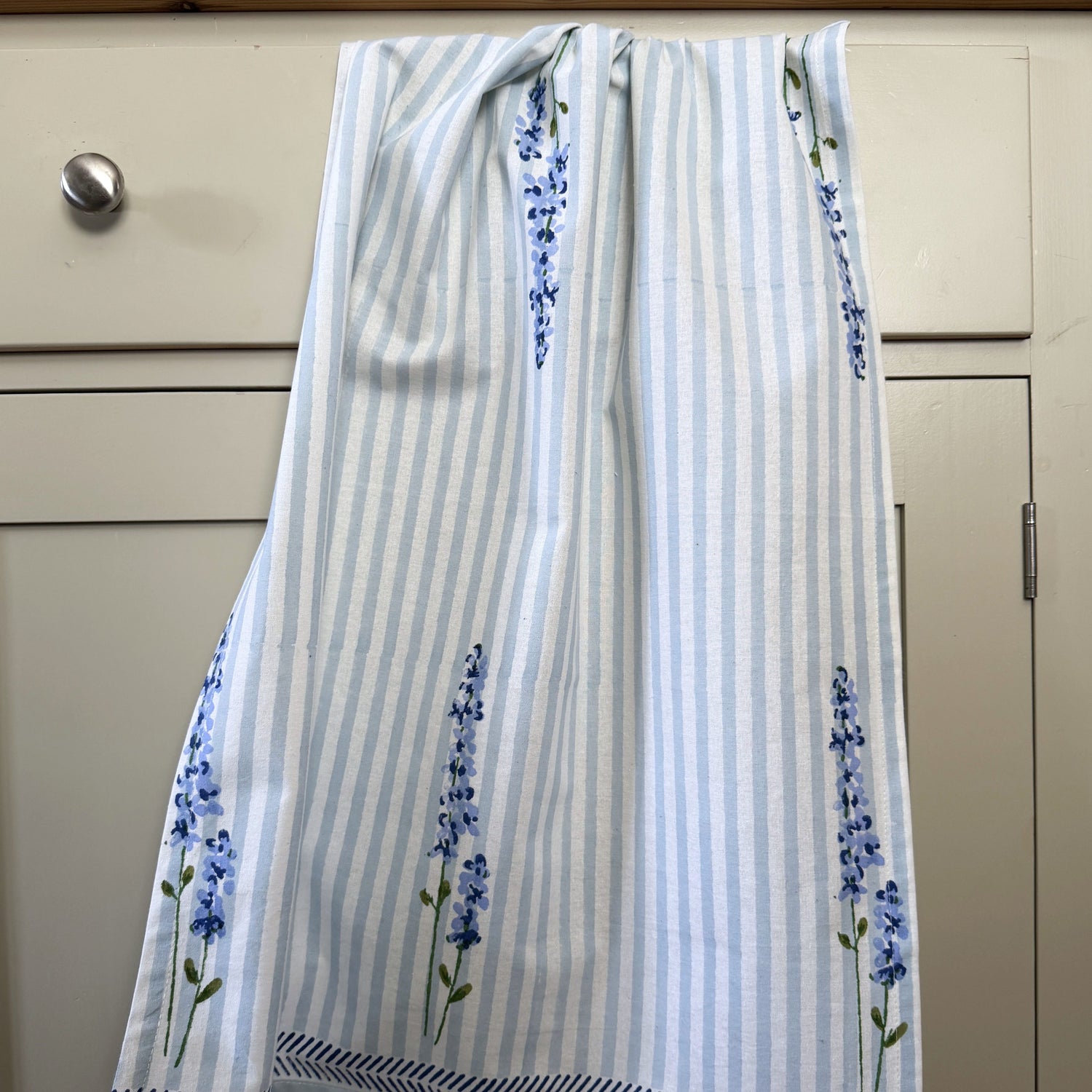 Tea Towels Hand Printed Tea Towel - English Lavender on Powder Blue Stripe 27746
