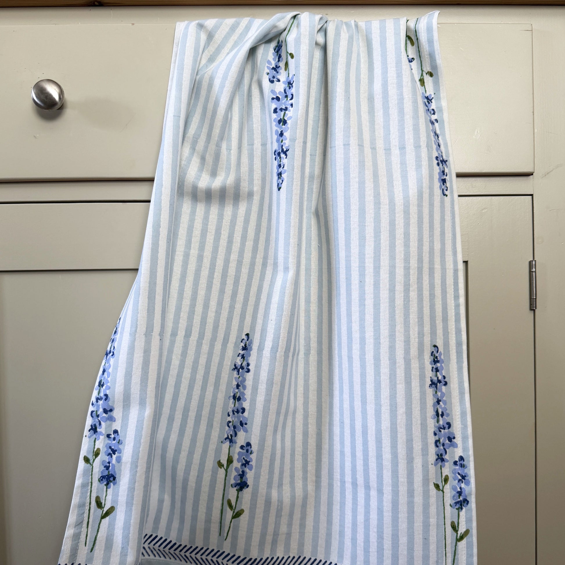 Tea Towels Hand Printed Tea Towel - English Lavender on Powder Blue Stripe 27746