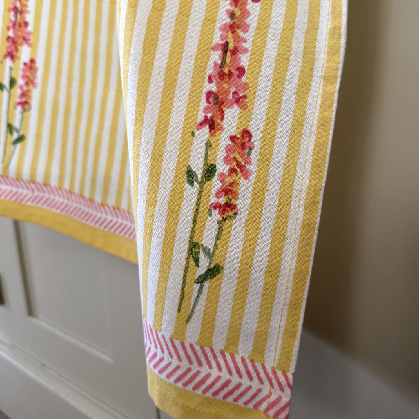 Tea Towels Hand Printed Tea Towel - Pink Lavender on Butter Yellow Stripe 27744