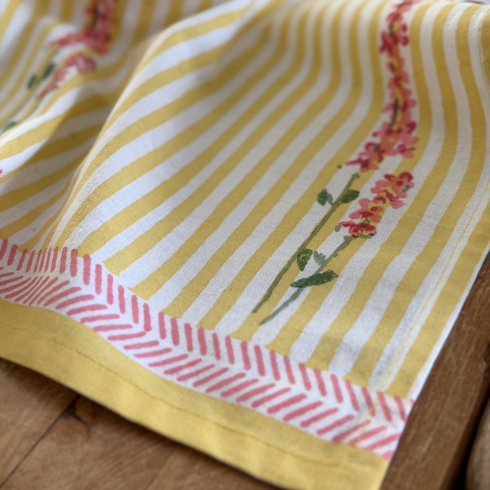 Tea Towels Hand Printed Tea Towel - Pink Lavender on Butter Yellow Stripe 27744