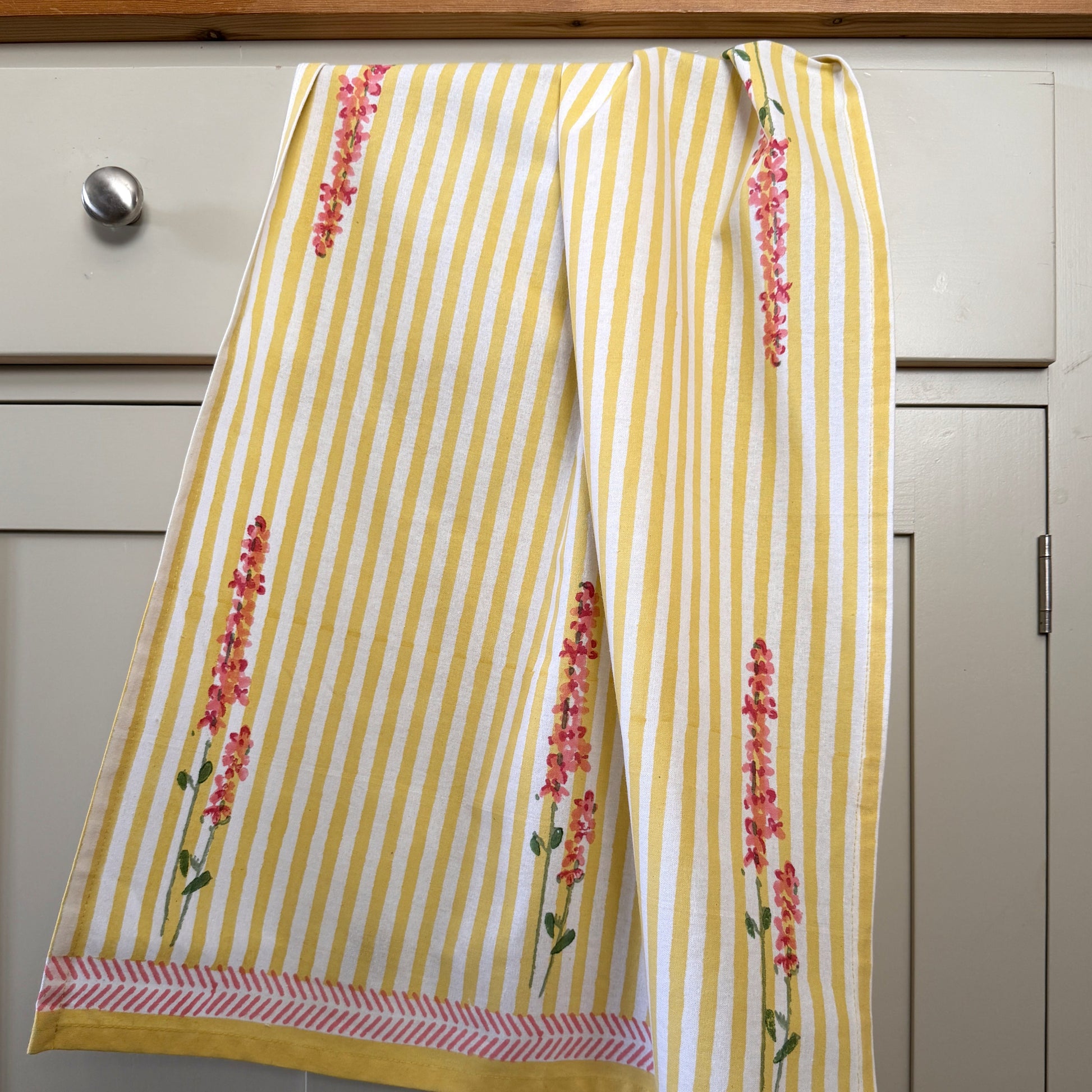 Tea Towels Hand Printed Tea Towel - Pink Lavender on Butter Yellow Stripe 27744