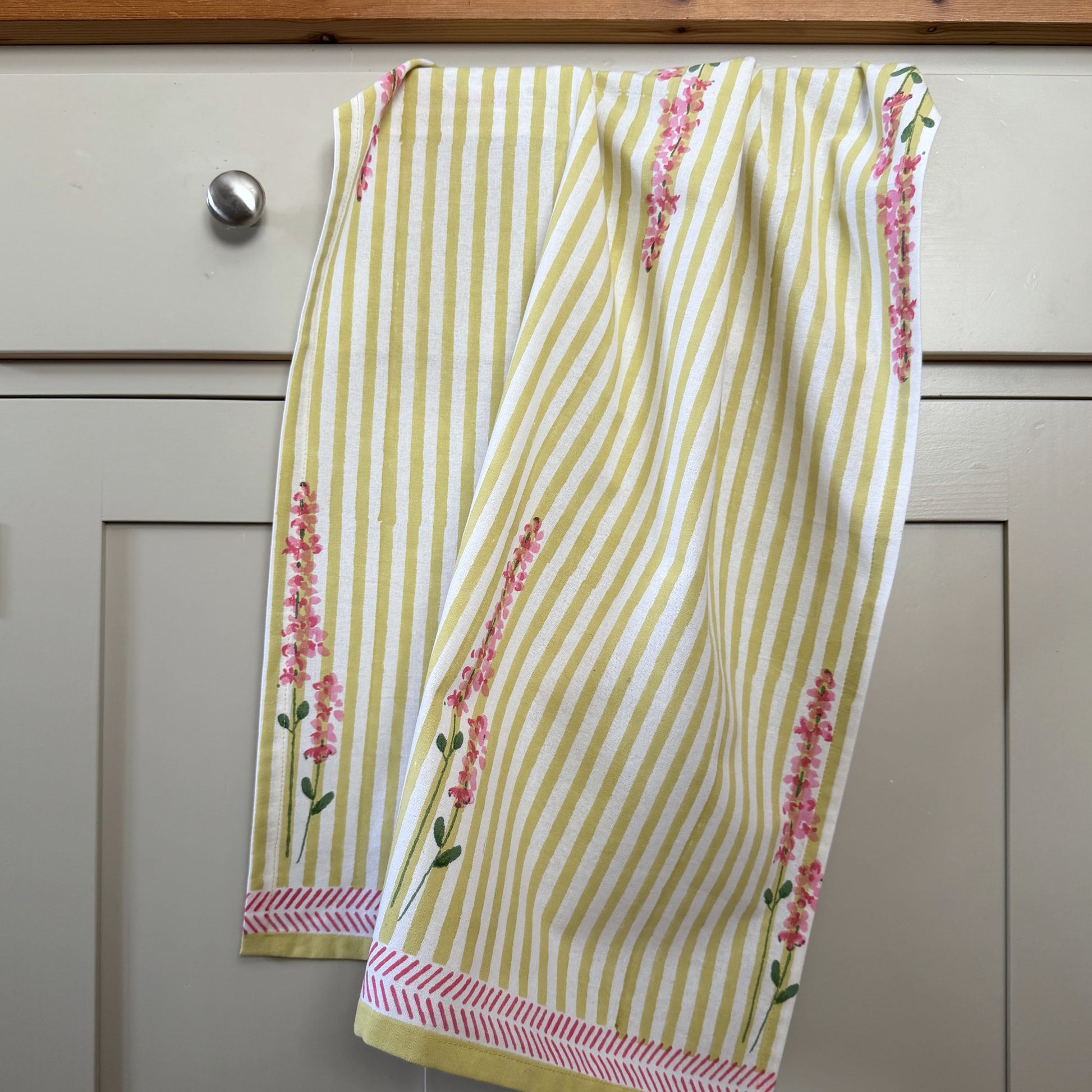 Tea Towels Hand Printed Tea Towel - Pink Lavender on Pale Green Stripe 27745