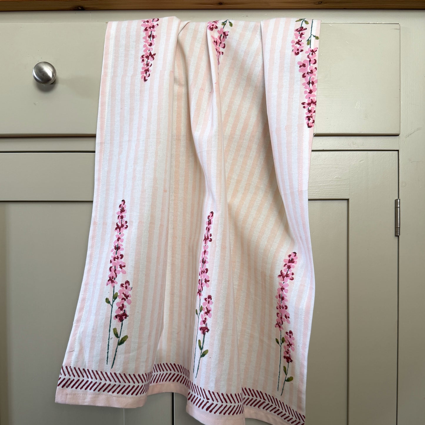 Tea Towels Hand Printed Tea Towel - Pink Lavender on Pale Pink Stripe 27743