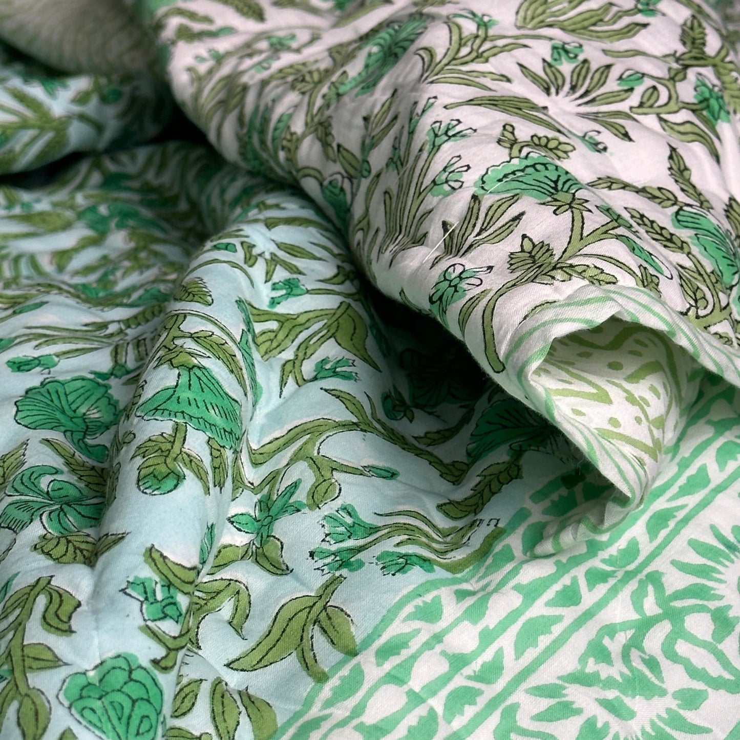 Kanthas & Kantha Quilts Kantha Quilt/Bedspread Blue/Green Botanical 20802