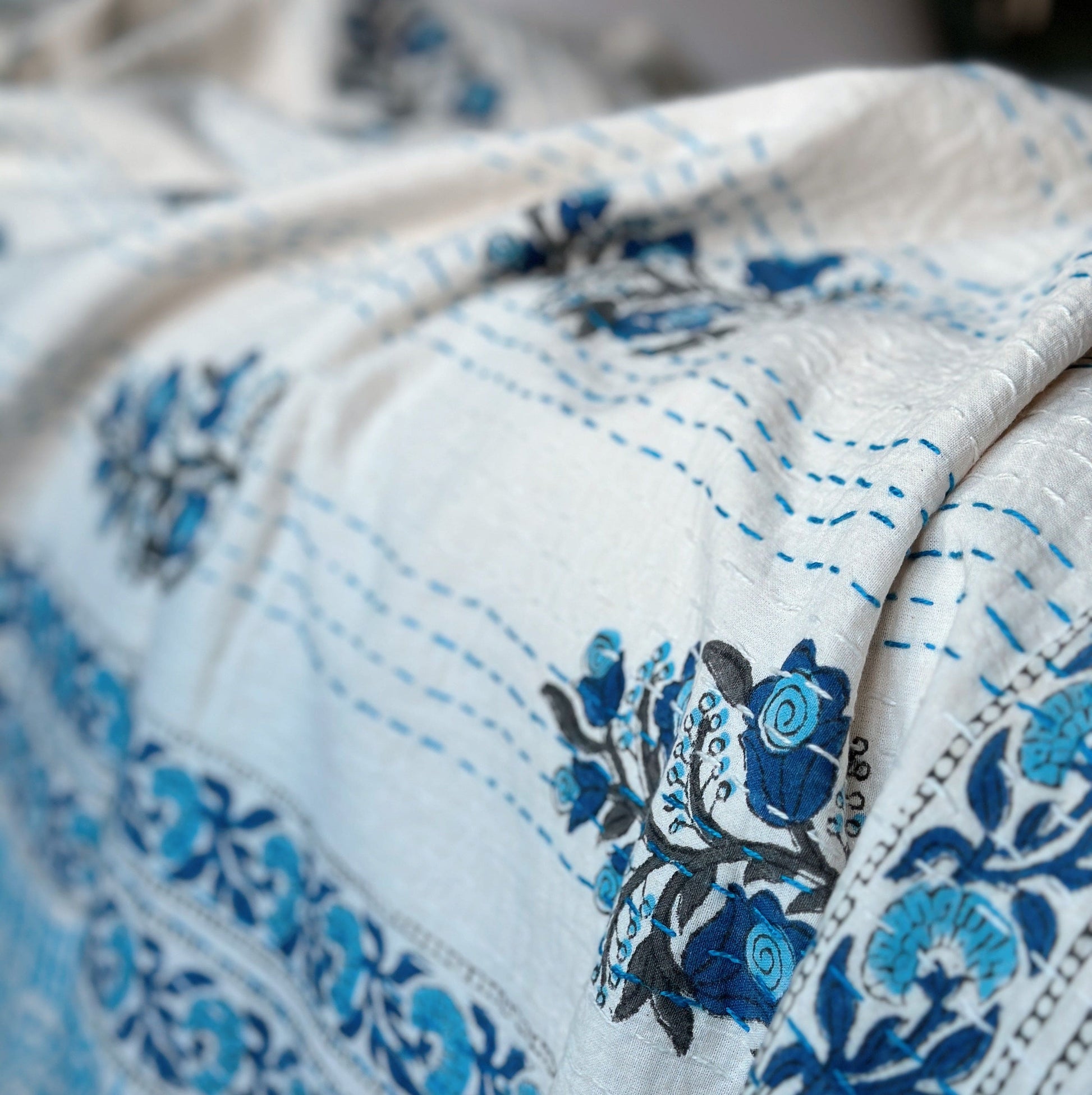 Kanthas & Kantha Quilts Kantha Quilt  -Blue Bouquet 23622