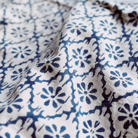 Kanthas & Kantha Quilts Kantha Quilt - Blue Daisies on White Geometric 21474