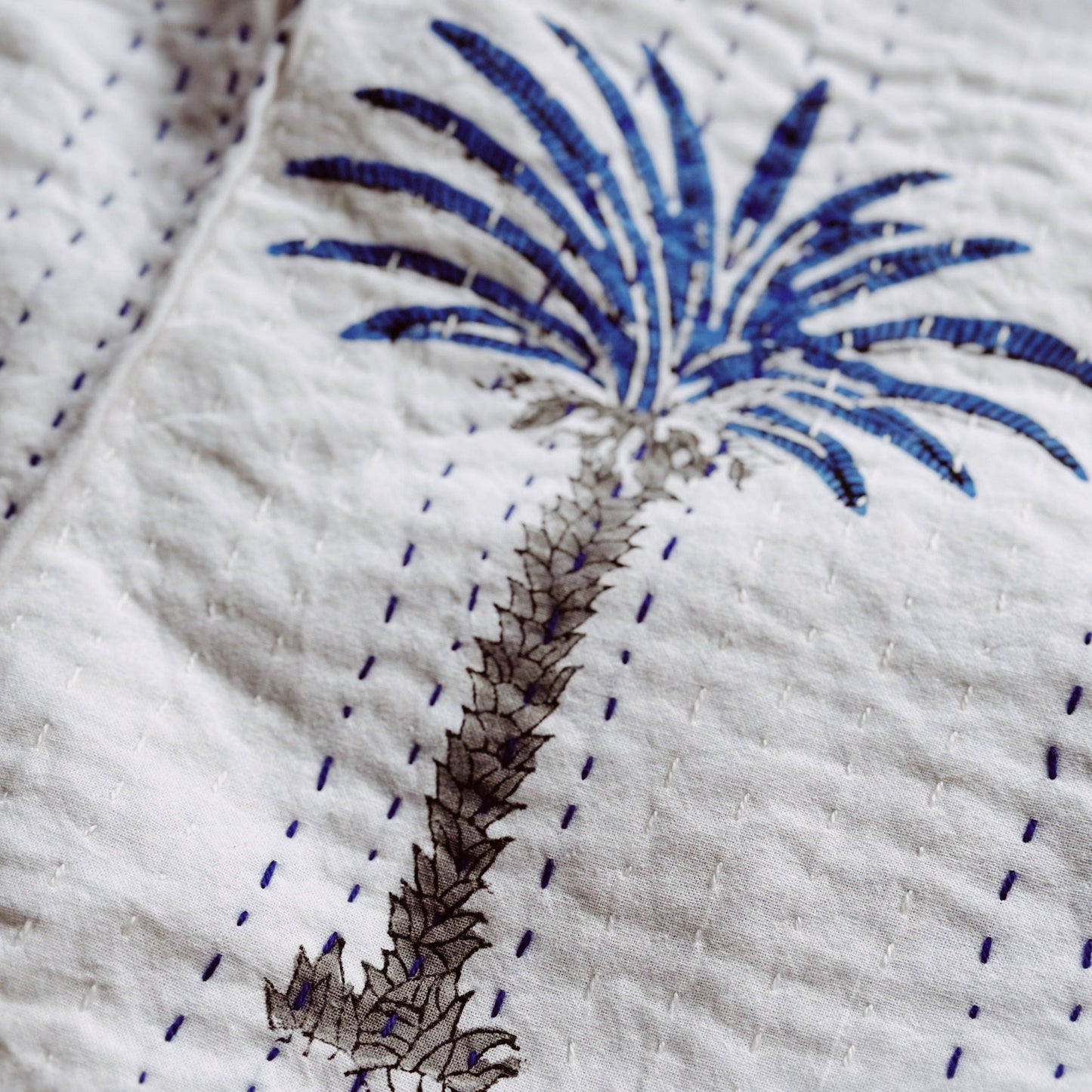 Kanthas & Kantha Quilts Kantha Quilt - Blue Palm trees on White 21475