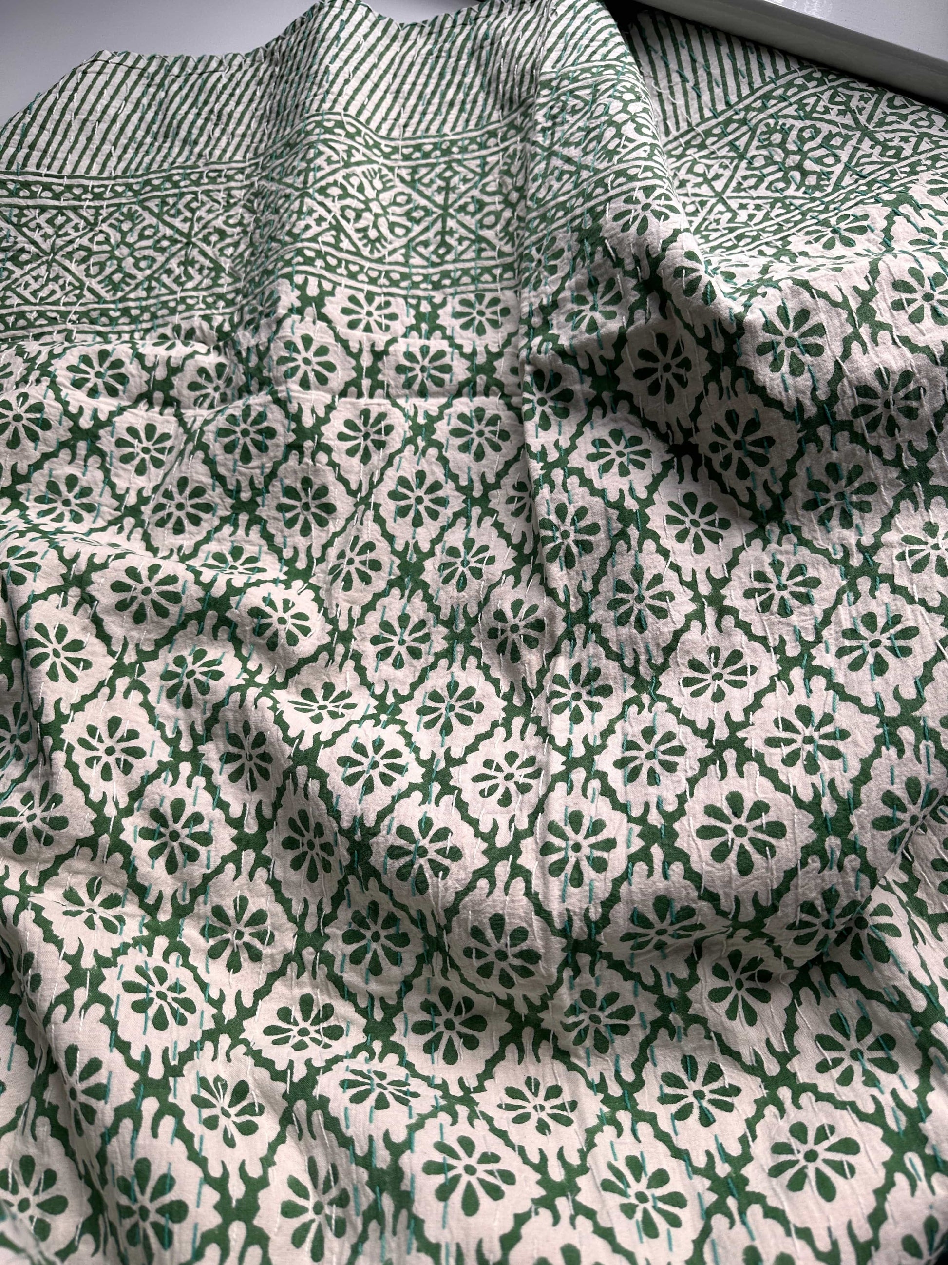 Kanthas & Kantha Quilts Kantha Quilt - Green Daisies Geometric 21473