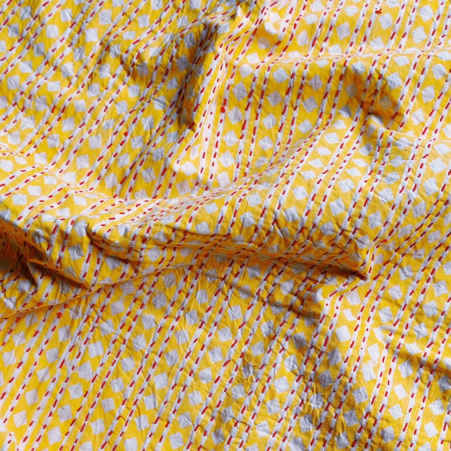 Kanthas & Kantha Quilts Kantha Quilt - White Diamonds on Yellow with Fuchsia stitching 21476