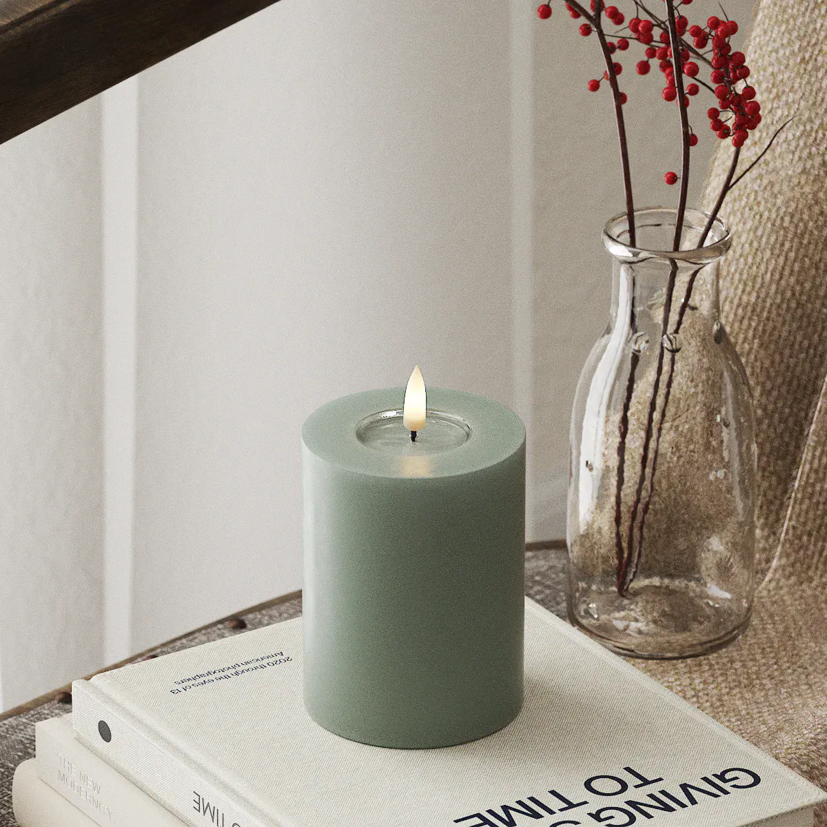 LED Candles LED Pillar Candle - Dia:7.5 cm x H: 10 cm Sage Green 27591