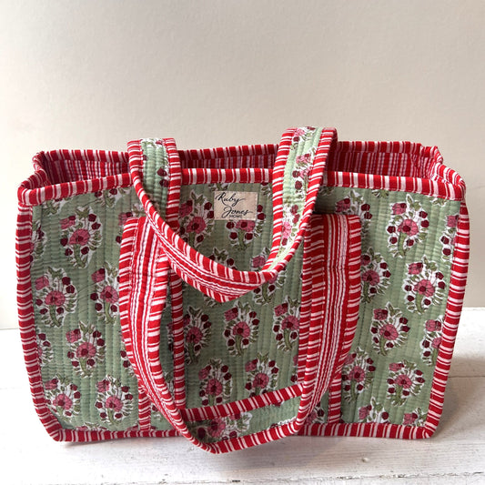 Tote Bags Mini Tote - Pink Country Flowers on Green 28274
