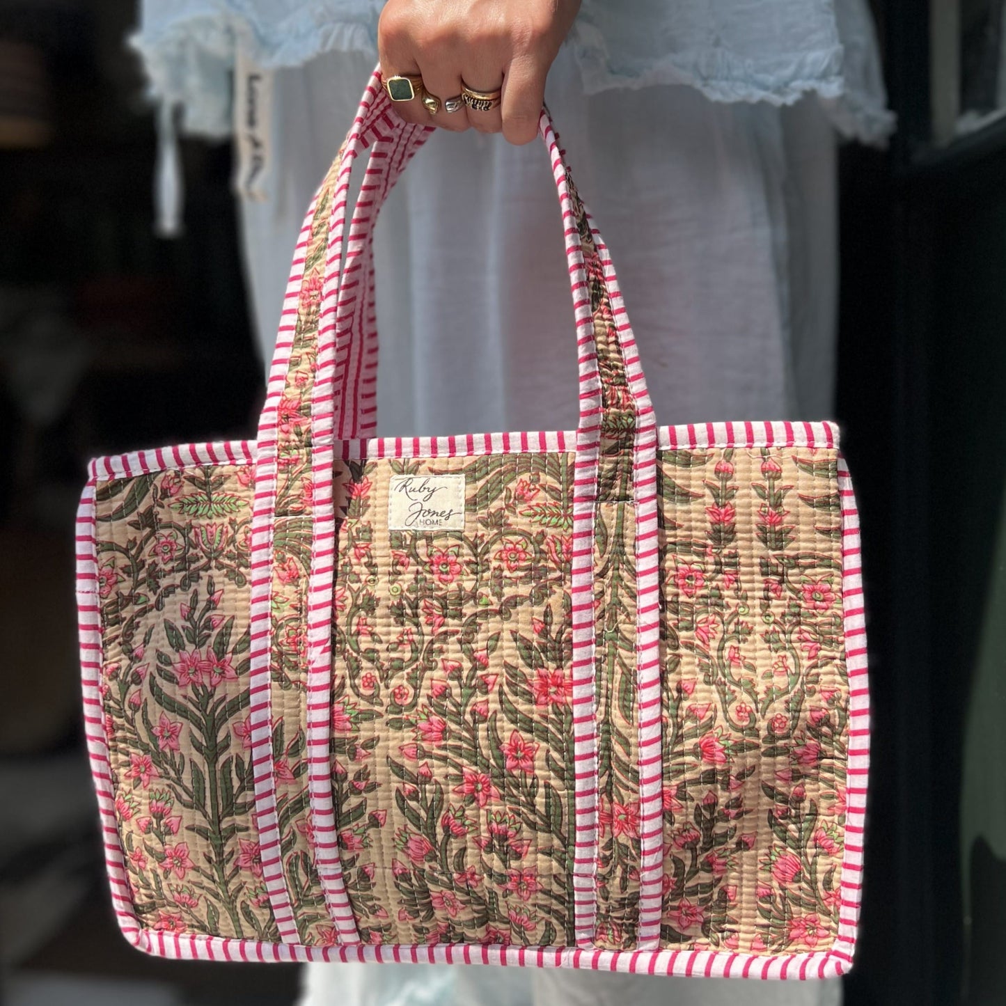 Tote Bags Mini Tote - Pink & Green Botanical on Bone 28275