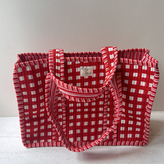 Tote Bags Mini Tote - Red Check with Red Stripe Piping 28277