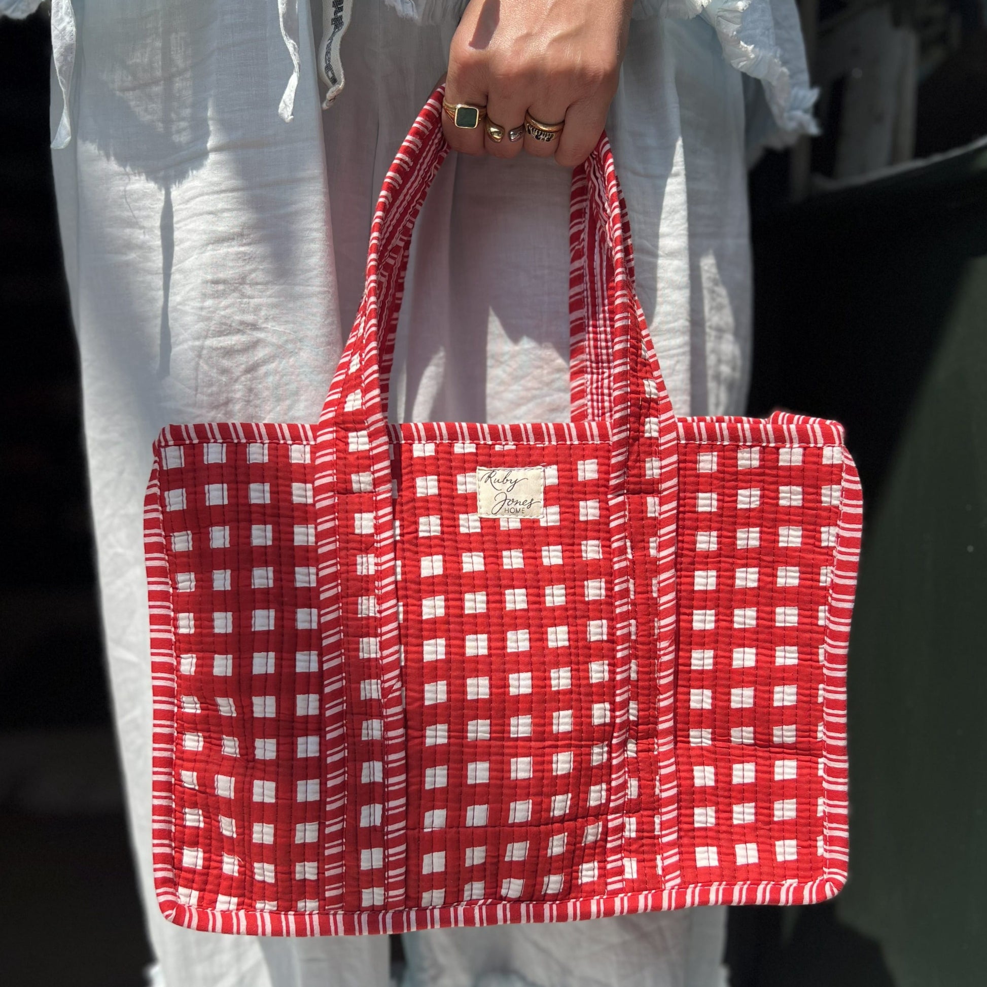 Tote Bags Mini Tote - Red Check with Red Stripe Piping 28277