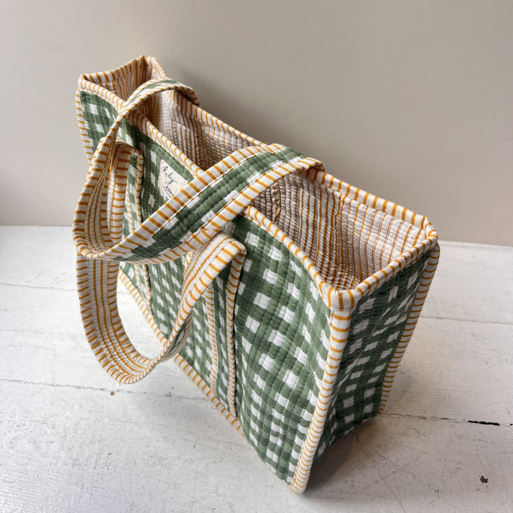 Tote Bags Mini Tote - Rosemary Check with Ochre Stripe Detail 28273