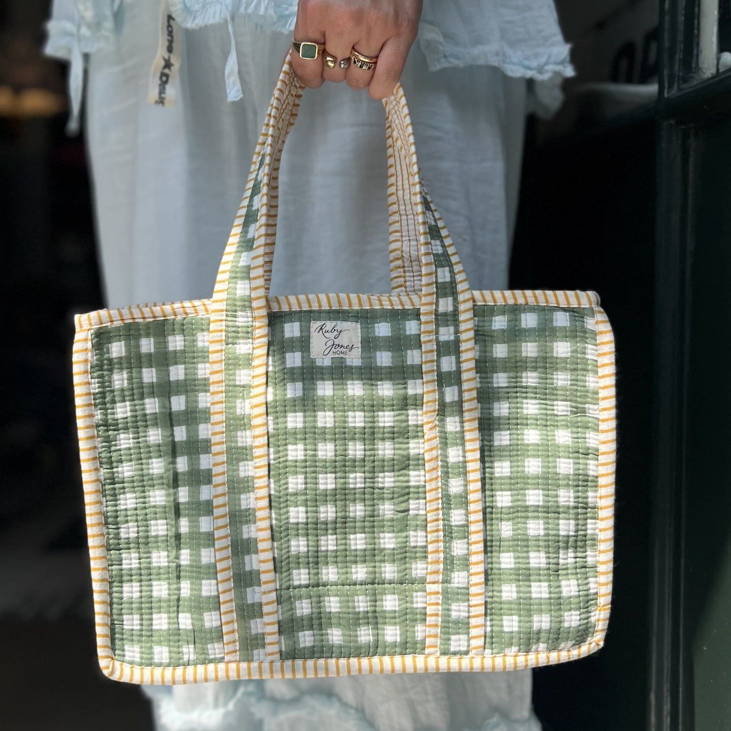 Tote Bags Mini Tote - Rosemary Check with Ochre Stripe Detail 28273
