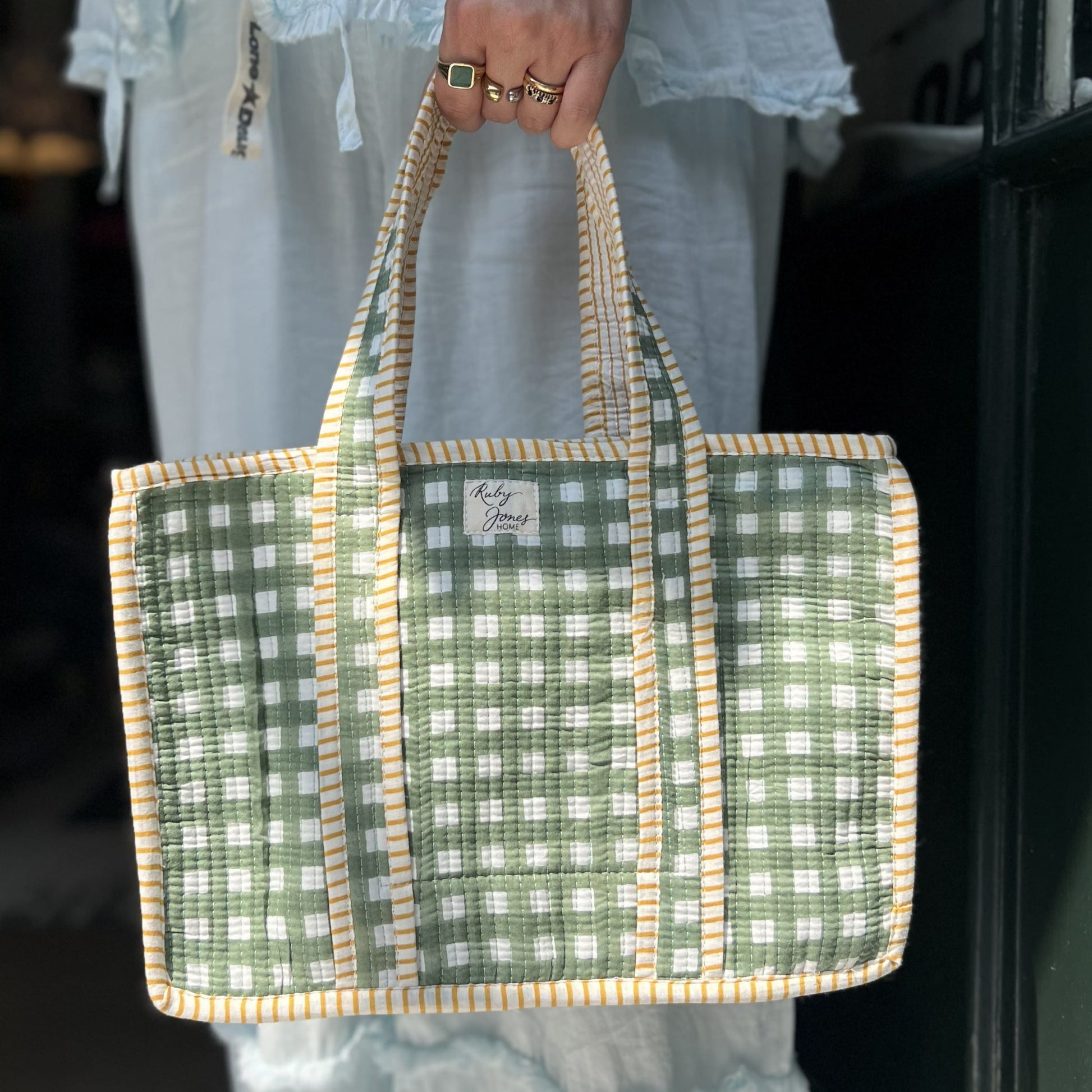 Tote Bags Mini Tote - Rosemary Check with Ochre Stripe Detail 28273