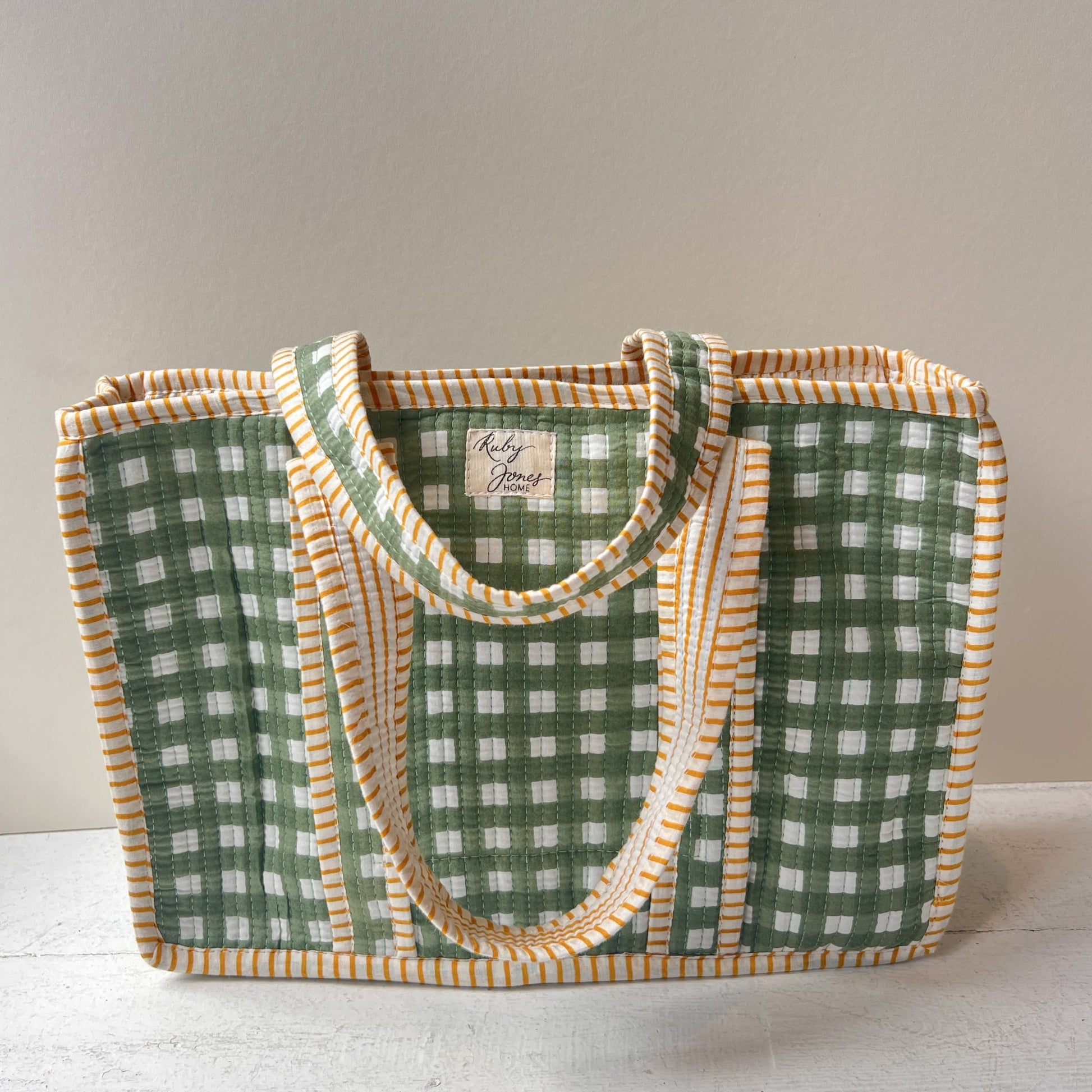 Tote Bags Mini Tote - Rosemary Check with Ochre Stripe Detail 28273