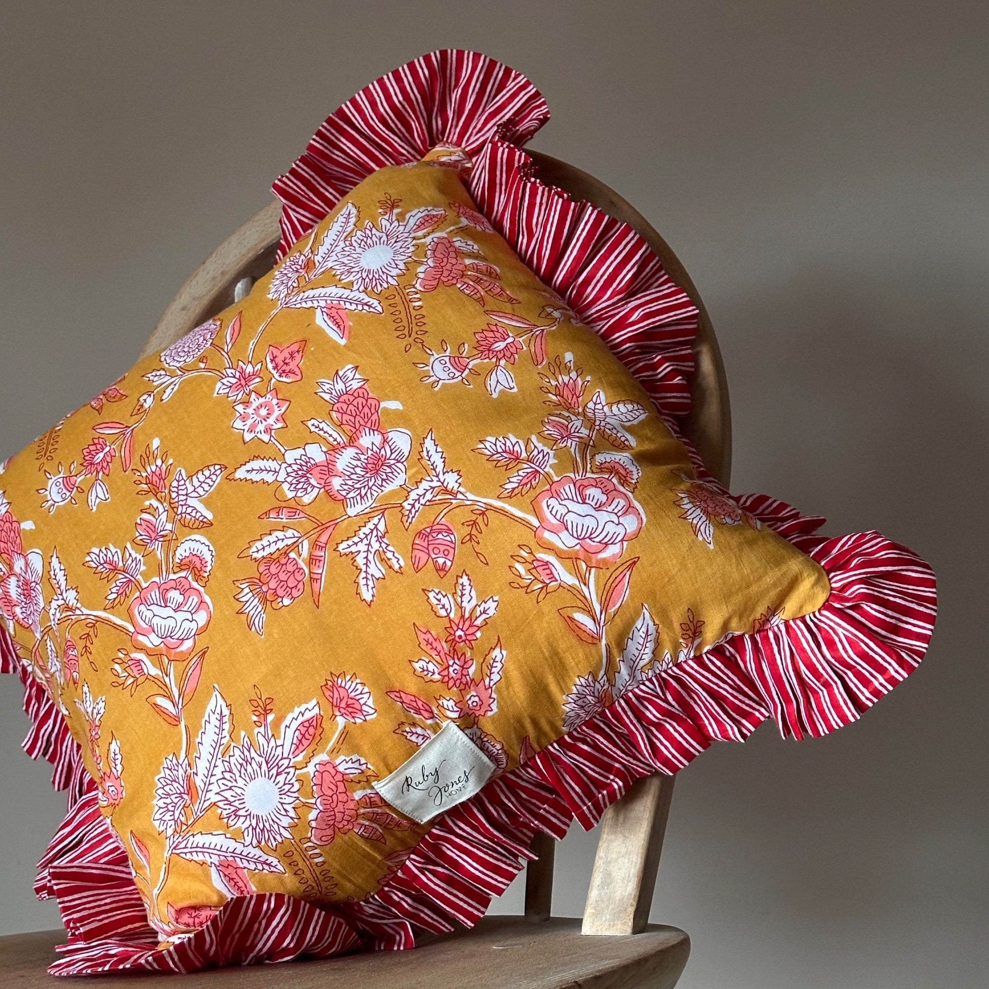 Cushions Peach Botanical on Honey with Stripe Ruffle Cushion 21722