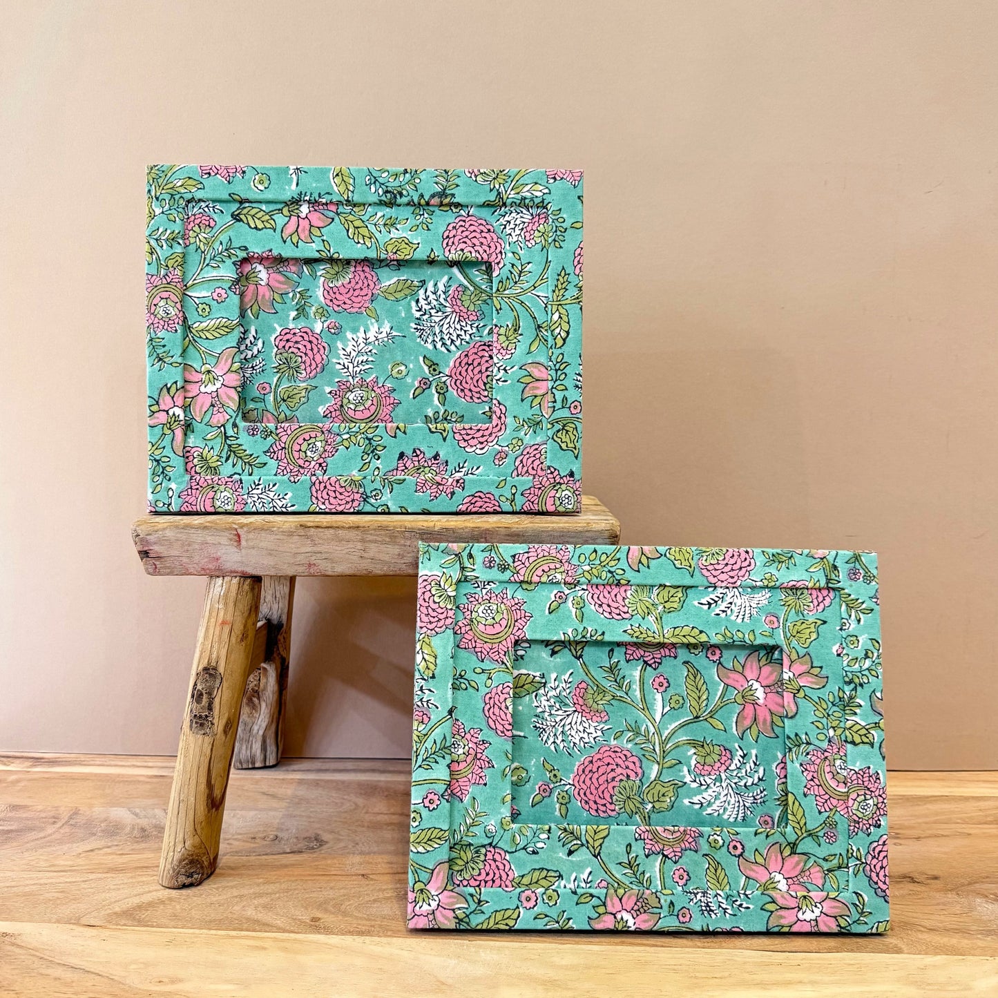 Photo Frames Photo Frame - Handmade Block Print Pink Blooms on Jade Green / Landscape 25043