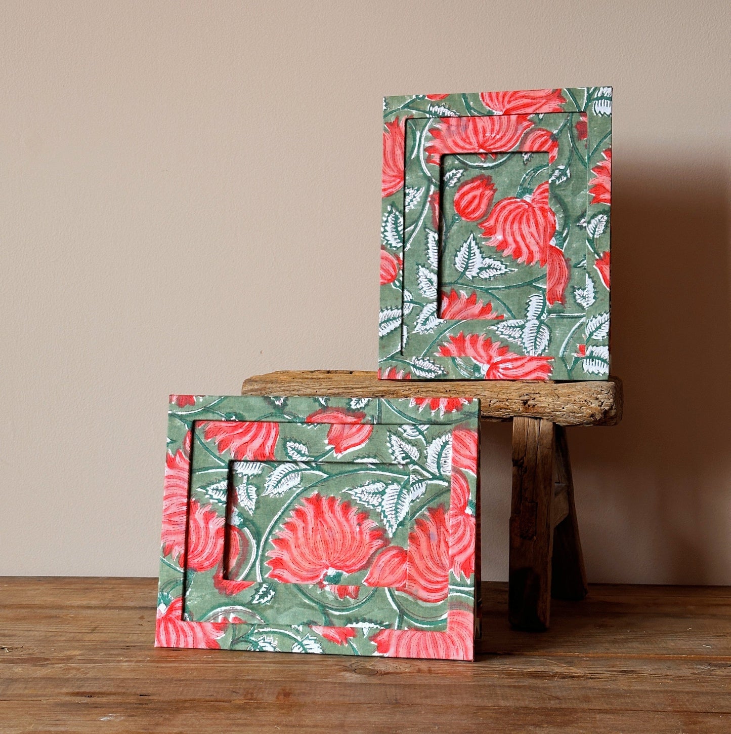 Misc Photo Frame - Handmade Block Print Tropical Pink Flowers on Green / Portrait 23989