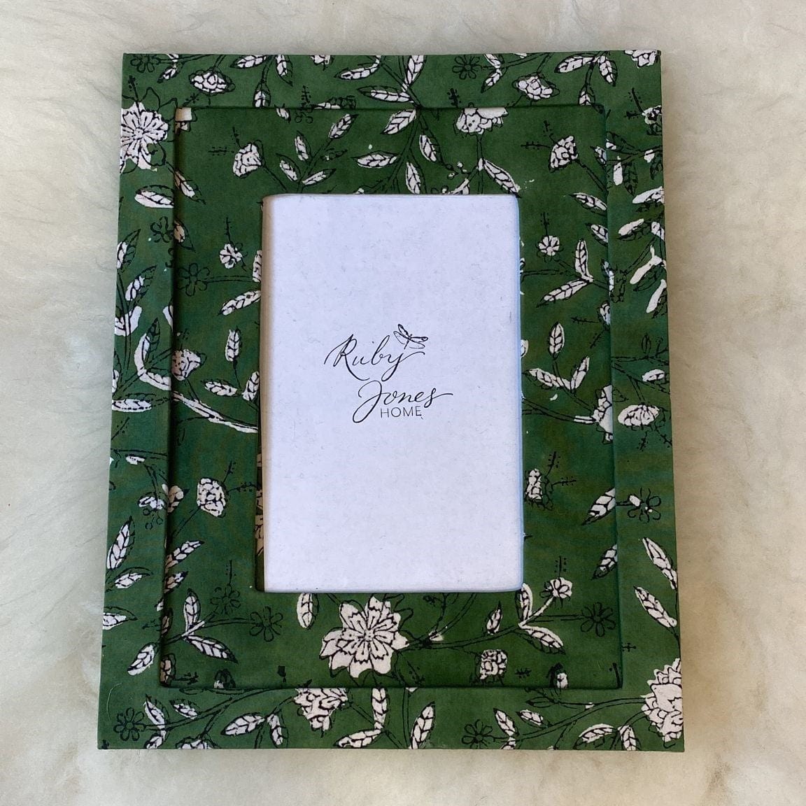 Misc Photo Frame - Handmade Block Print White Flower on Forest Green 22957