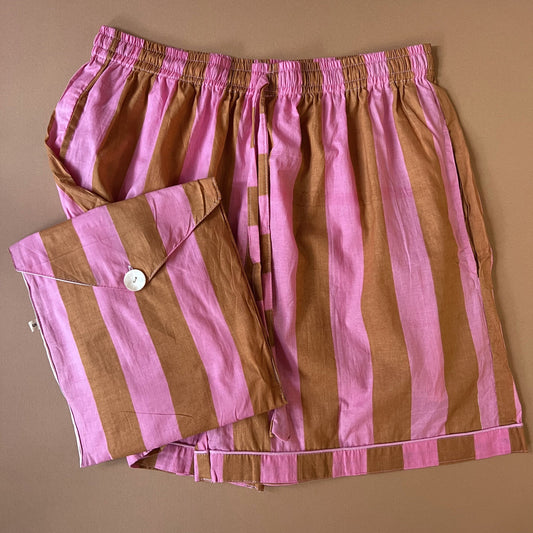 Pyjamas PJ Shorts - Caramel & Pink Wide Stripe
