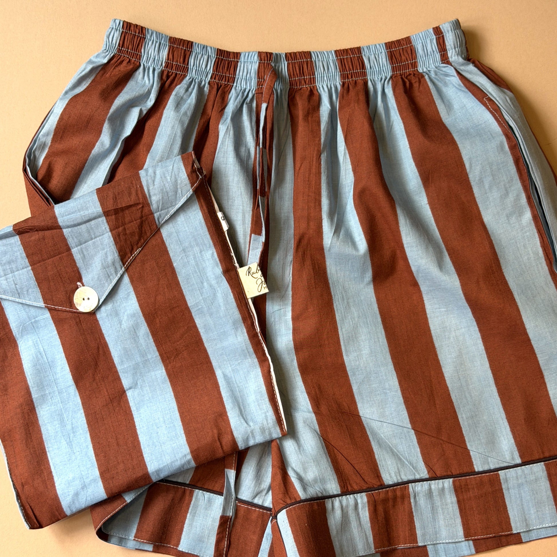Pyjamas PJ Shorts - Cocoa & Sky Wide Stripes Small 27824