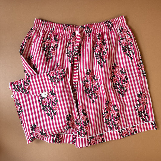 Pyjamas PJ Shorts - Pink Posy on Hot Pink Stripe