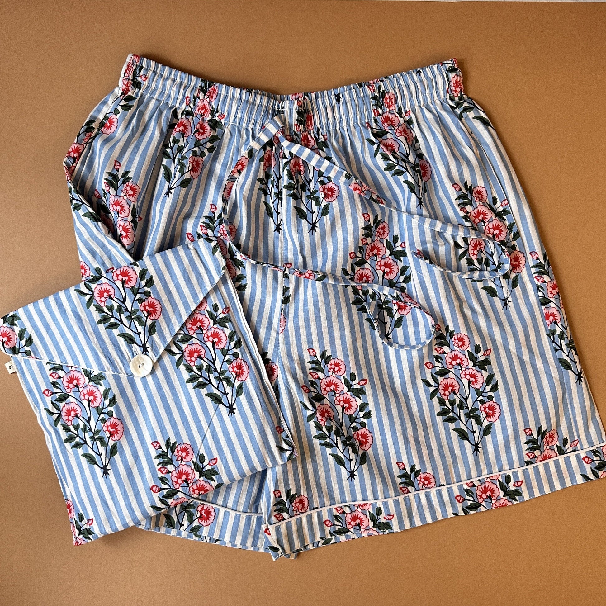 Pyjamas PJ Shorts - Pink Posy on Sky Blue Stripes
