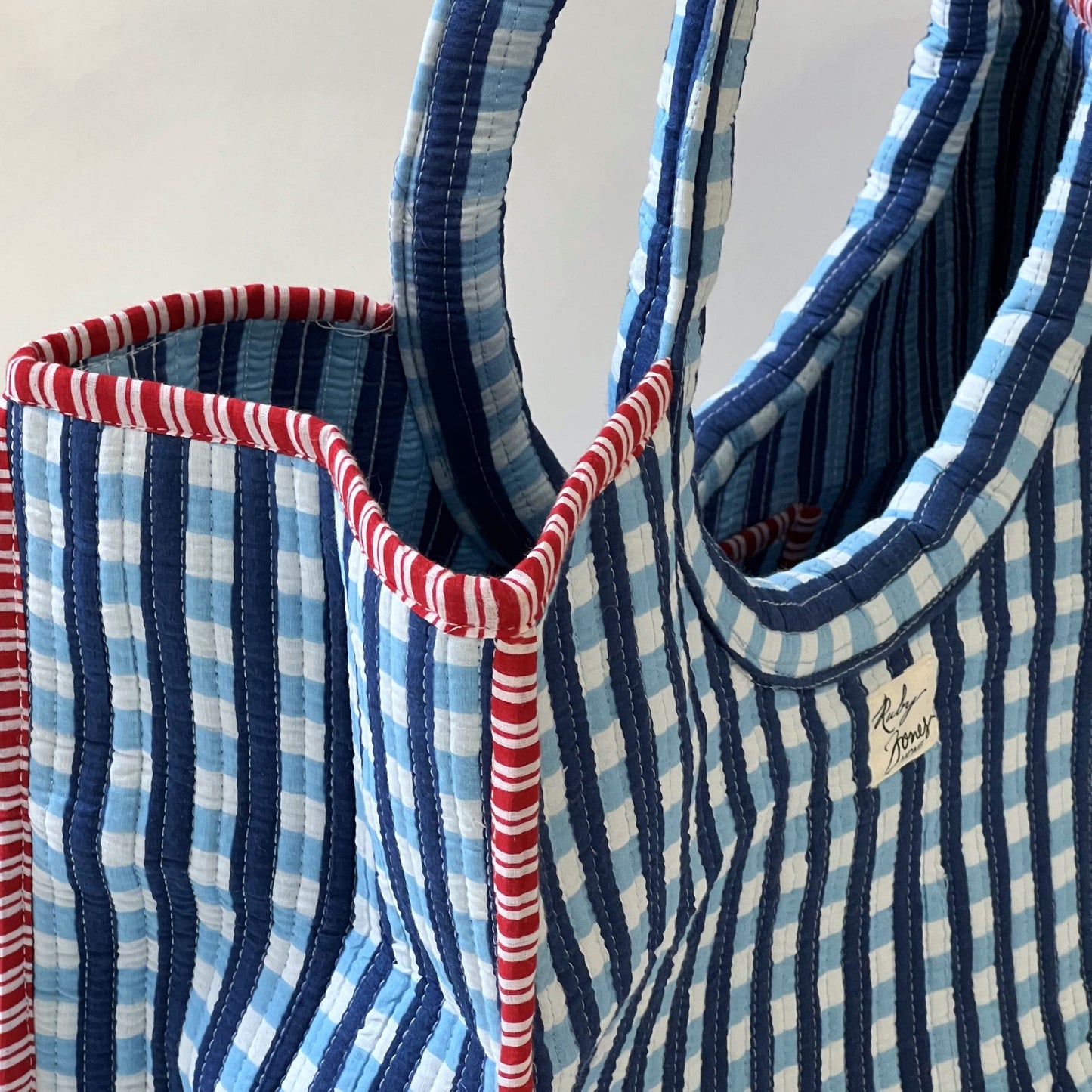 Tote Bags Round-Handle Tote - Blue Check with Red Stripe Piping 25670