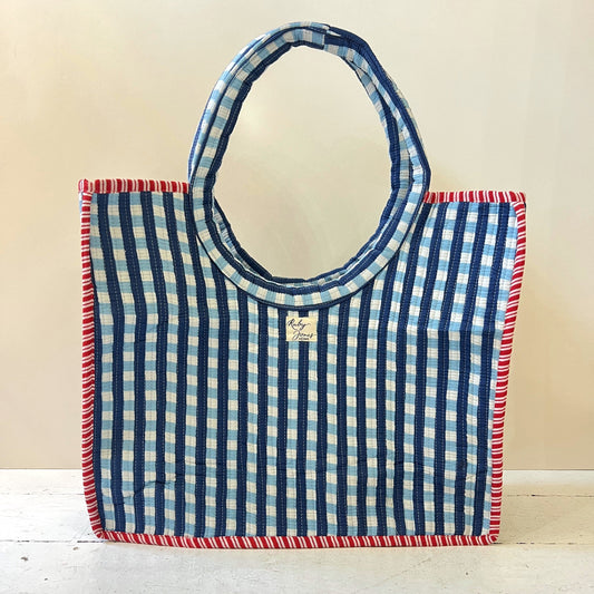 Tote Bags Round-Handle Tote - Blue Check with Red Stripe Piping 25670