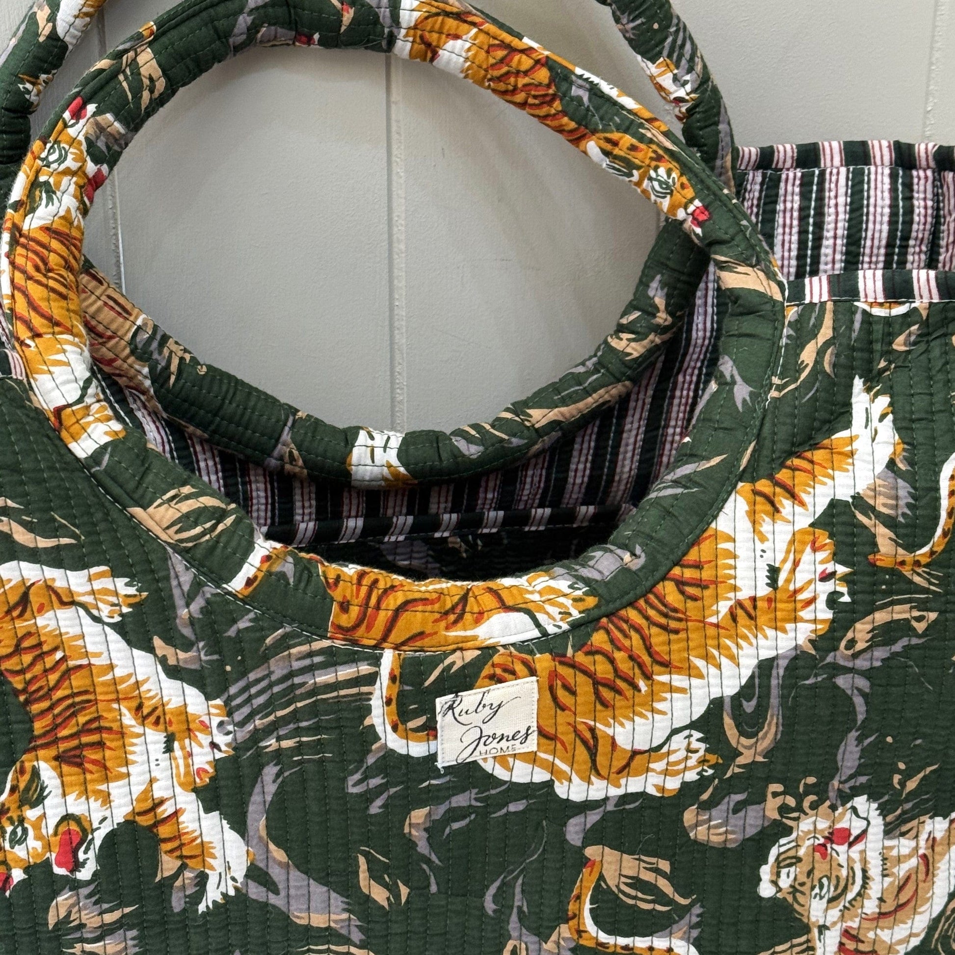 Tote Bags Round-Handle Tote - Gold Tigers on Forest Green 25422