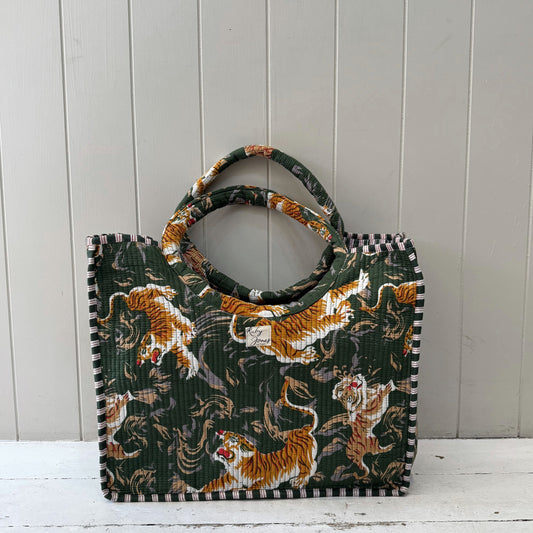 Tote Bags Round-Handle Tote - Gold Tigers on Forest Green 25422