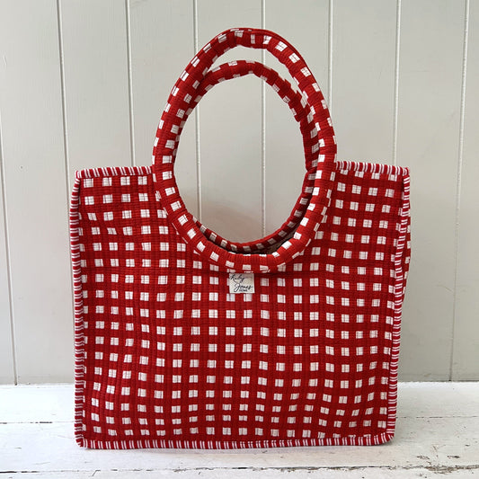 Tote Bags Round-Handle Tote - Red Check with Red Stripe Piping 25669