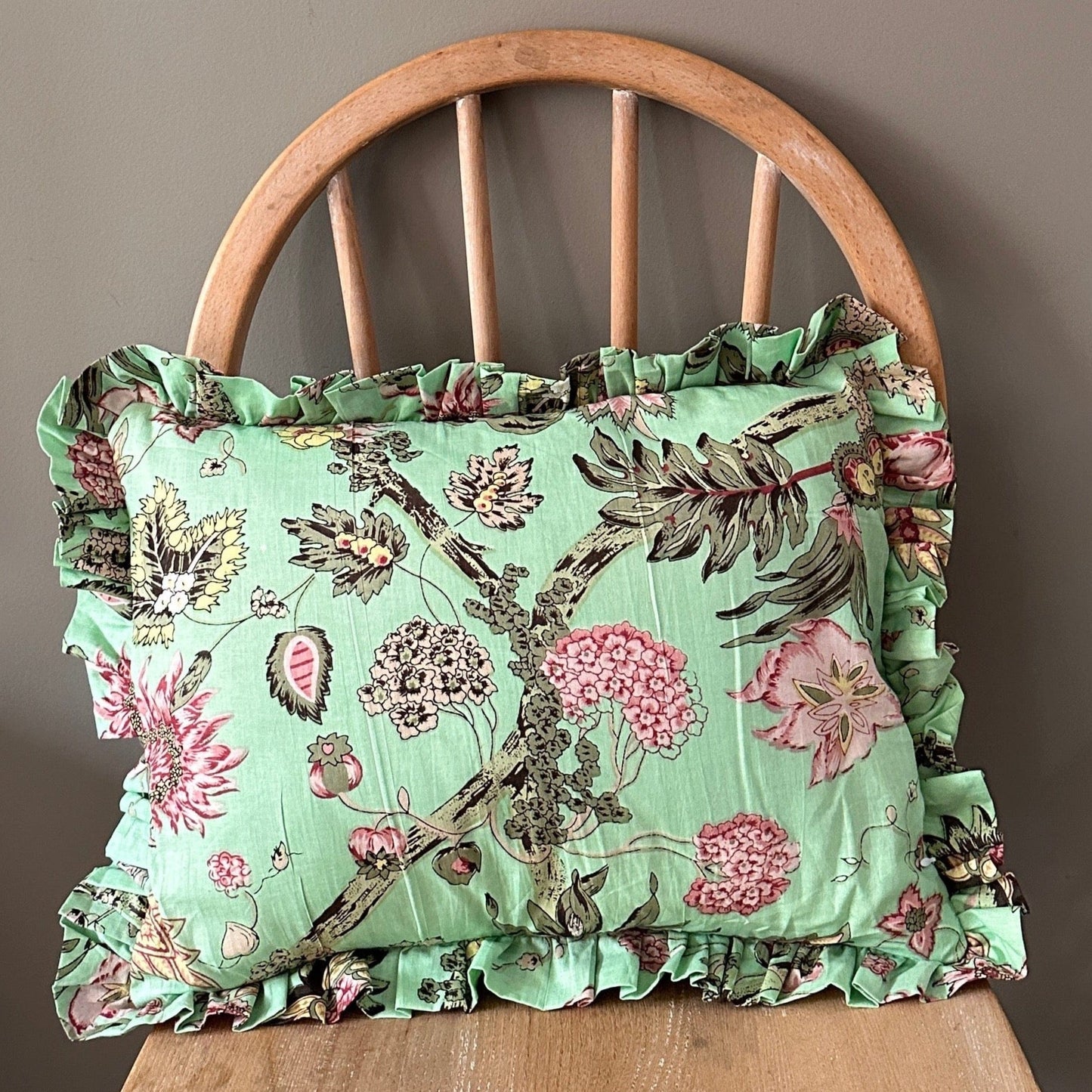 Cushions Ruffle Cushion - Pink Flowers on Mint 21497