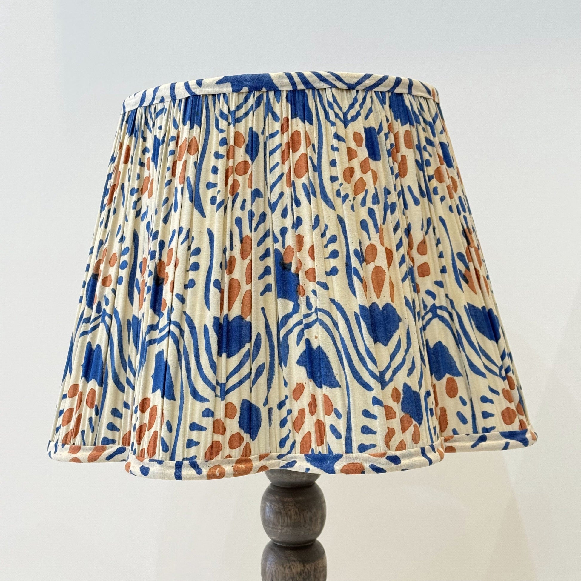 Empire Scalloped Lampshade - Burnt Orange & Indigo Flowers on Buff