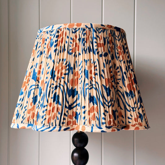 Empire Scalloped Lampshade - Burnt Orange & Indigo Flowers on Buff