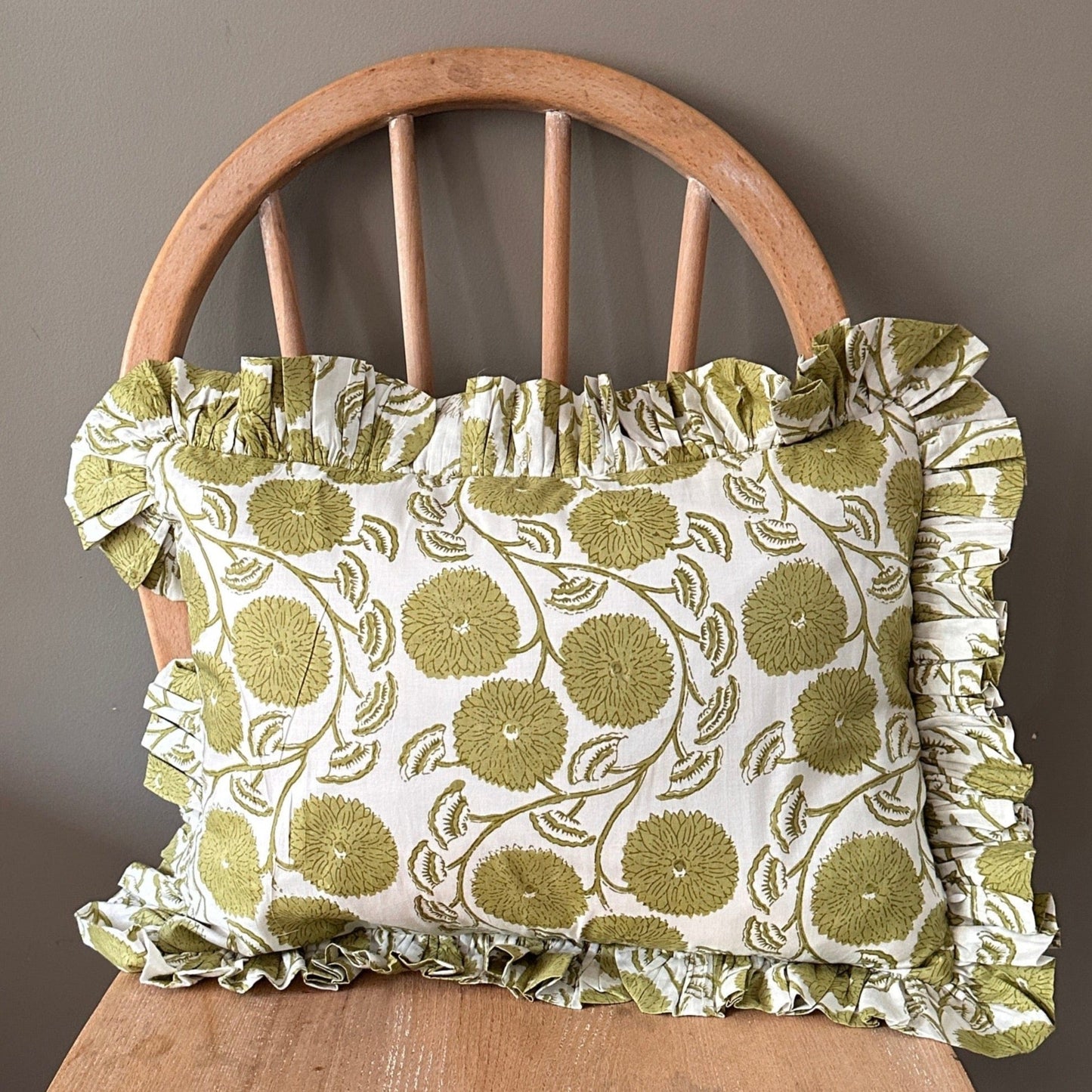 Cushions Small Ruffle Cushion - Pea Green Dahlias