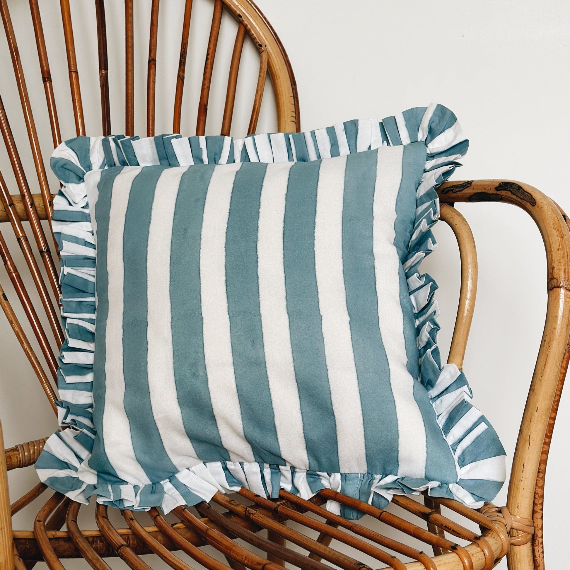 Cushions Small Square Ruffle Cushion - Hand Striped Sky Blue 20632