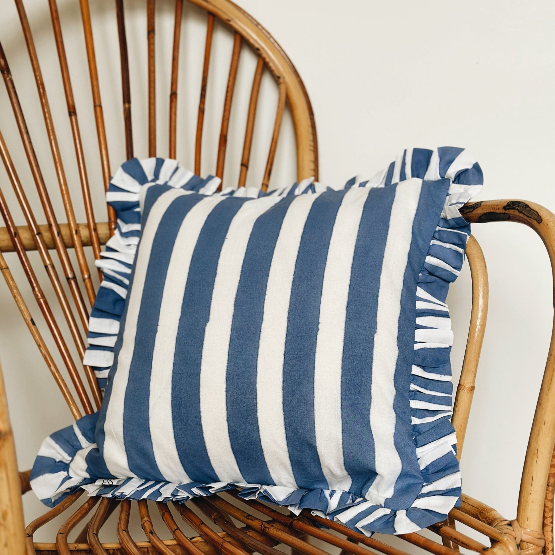 Cushions Small Square Ruffle Cushion - Hand Striped Ink Blue 20633