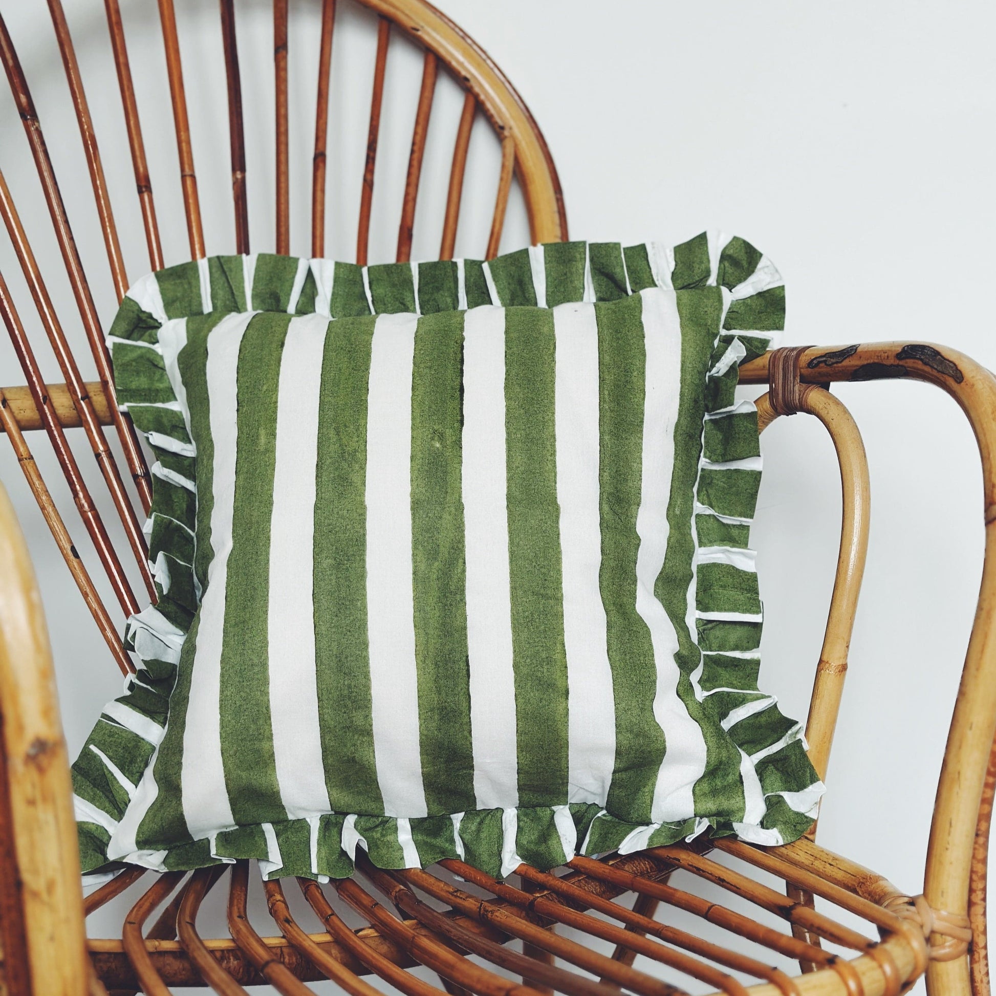Cushions Small Square Ruffle Cushion - Hand Striped Olive 20630