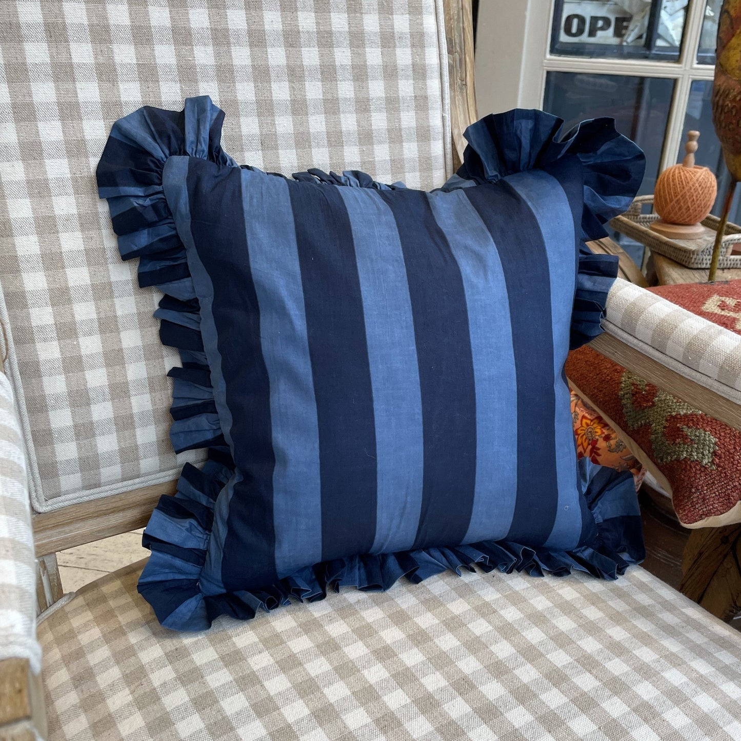 Cushions Small Square Ruffle Cushion - Wide Stripe Navy & Indigo 20645