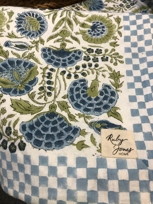 Tablecloths Tablecloth - Blue & Olive Botanical with Check Border