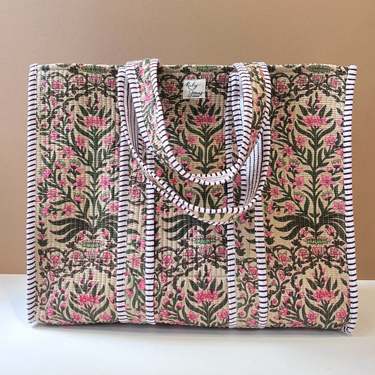 Tote Bags Tote - Pink & Green Botanicals on Bone 26822